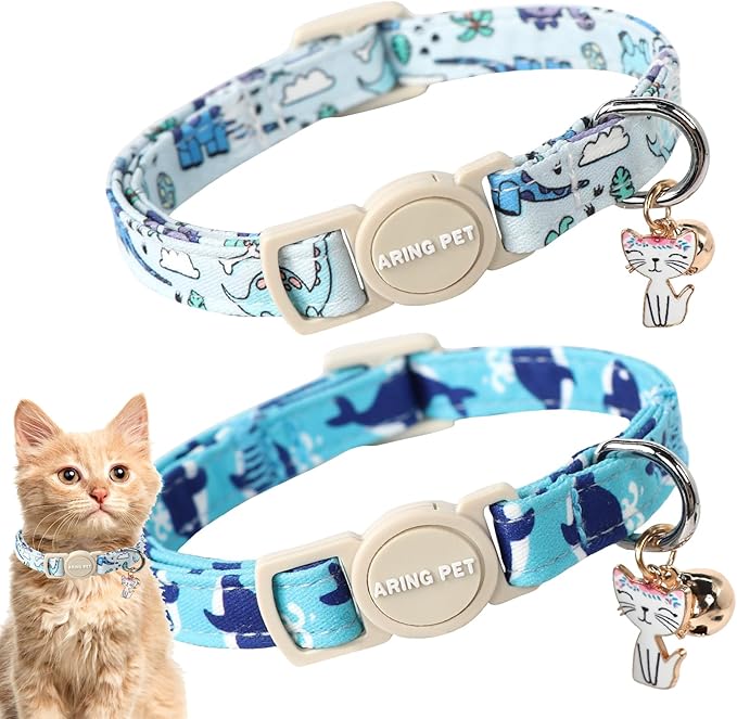 ARING PET 2 Pack Cat Collar, Christmas Breakaway Kitten Small Collars with Bells for Girl Boy Cats-Pink Reindeer Santa Claus & Green Xmas Tree