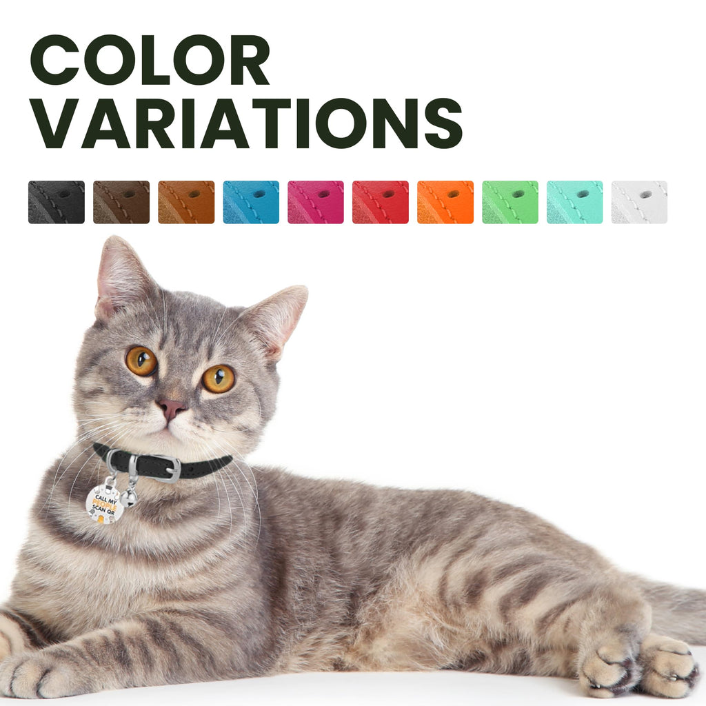 BRONZEDOG Leather Cat Collar with Removable Bells Non Breakaway Kitten QR Tag for Girl Boy (7" - 9" for Cats, Black & Silver)