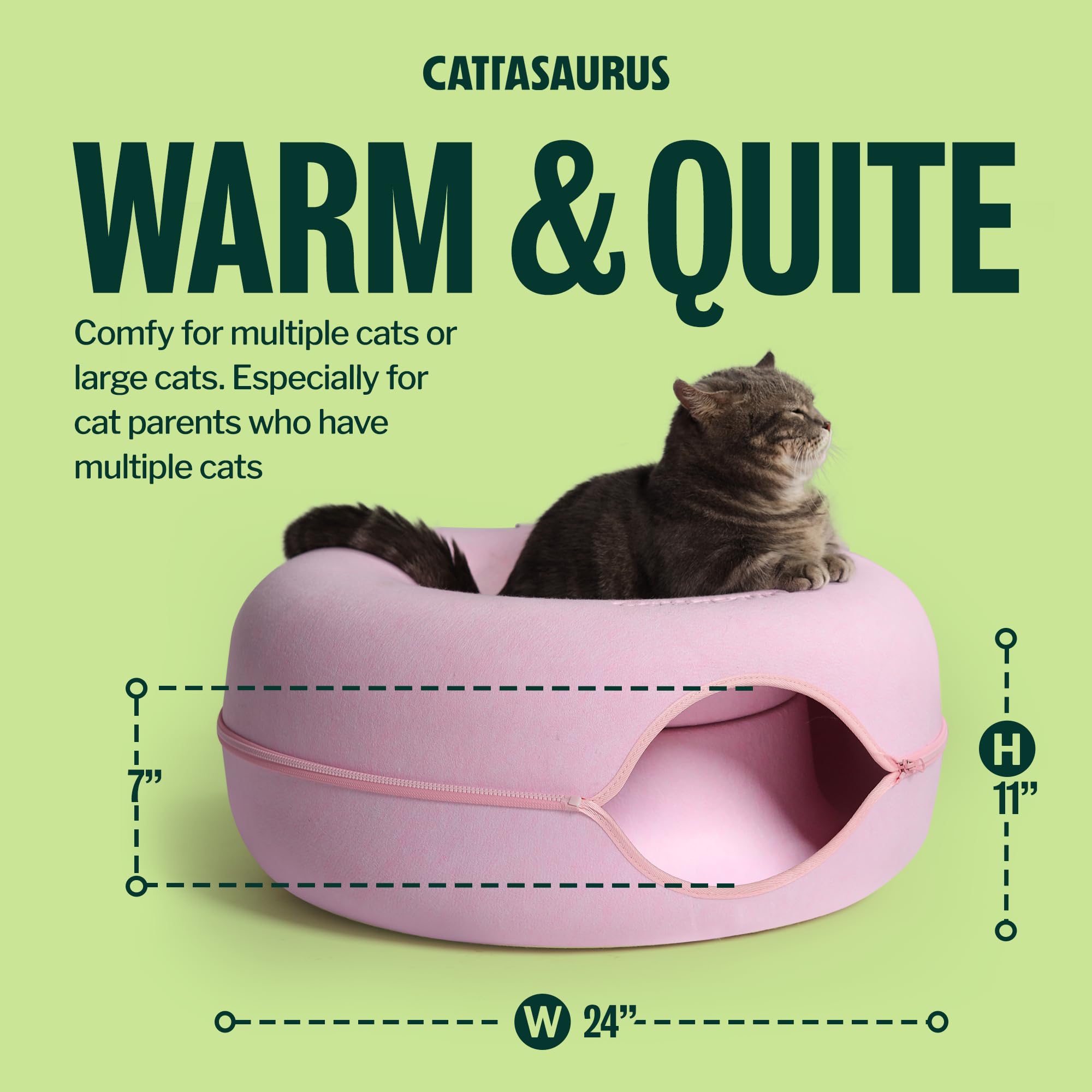Cattasaurus Peekaboo Cat Cave Donut for Multiple & Large Cats up to 30-45 lbs, 3-in-1 Self Warming Cat Bed, Tunnel & Scratcher for Indoor Cats, Washable & Detachable Small Dog Bed (Pink, Large)