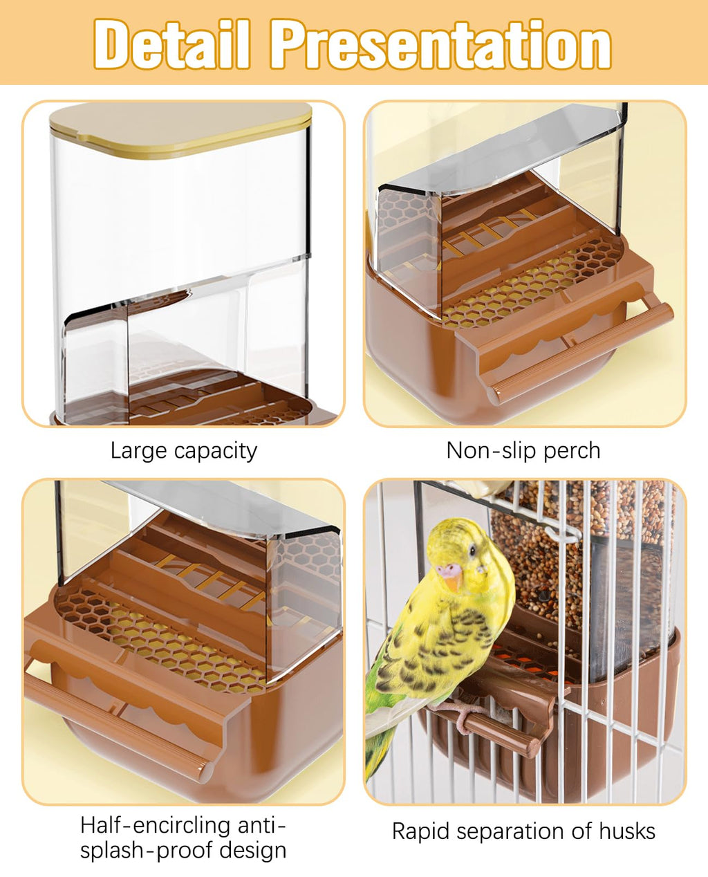 BNOSDM No Mess Bird Automatic Feeder Bird Cage Feeders Parrot Cage Accessories Transparent Seed Food Container with Perch for Finches, Parakeets, Budgies, Lovebirds, Cockatoos, Canaries (Brown)