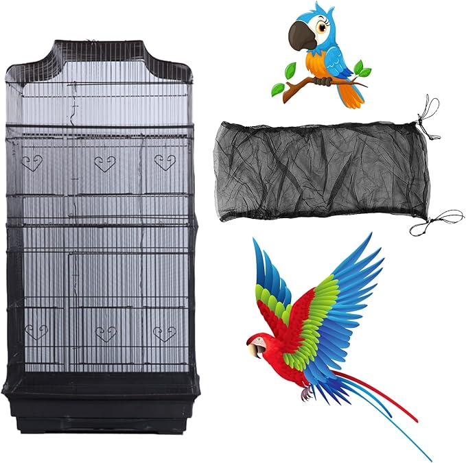 Bird Cage Seed Catcher, Large Airy Gauze Seeds Bird Cage Cover Guard Adjustable Bird Cage Cover Birdcage Seed Feather Catcher Universal Birdcage Parrot Bird Nylon Mesh Net Cover(L-118x16 in