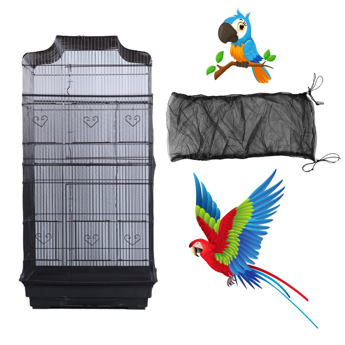 Bird Cage Seed Catcher, Large Airy Gauze Seeds Bird Cage Cover Guard Adjustable Bird Cage Cover Birdcage Seed Feather Catcher Universal Birdcage Parrot Bird Nylon Mesh Net Cover(L-118x16 in, White)