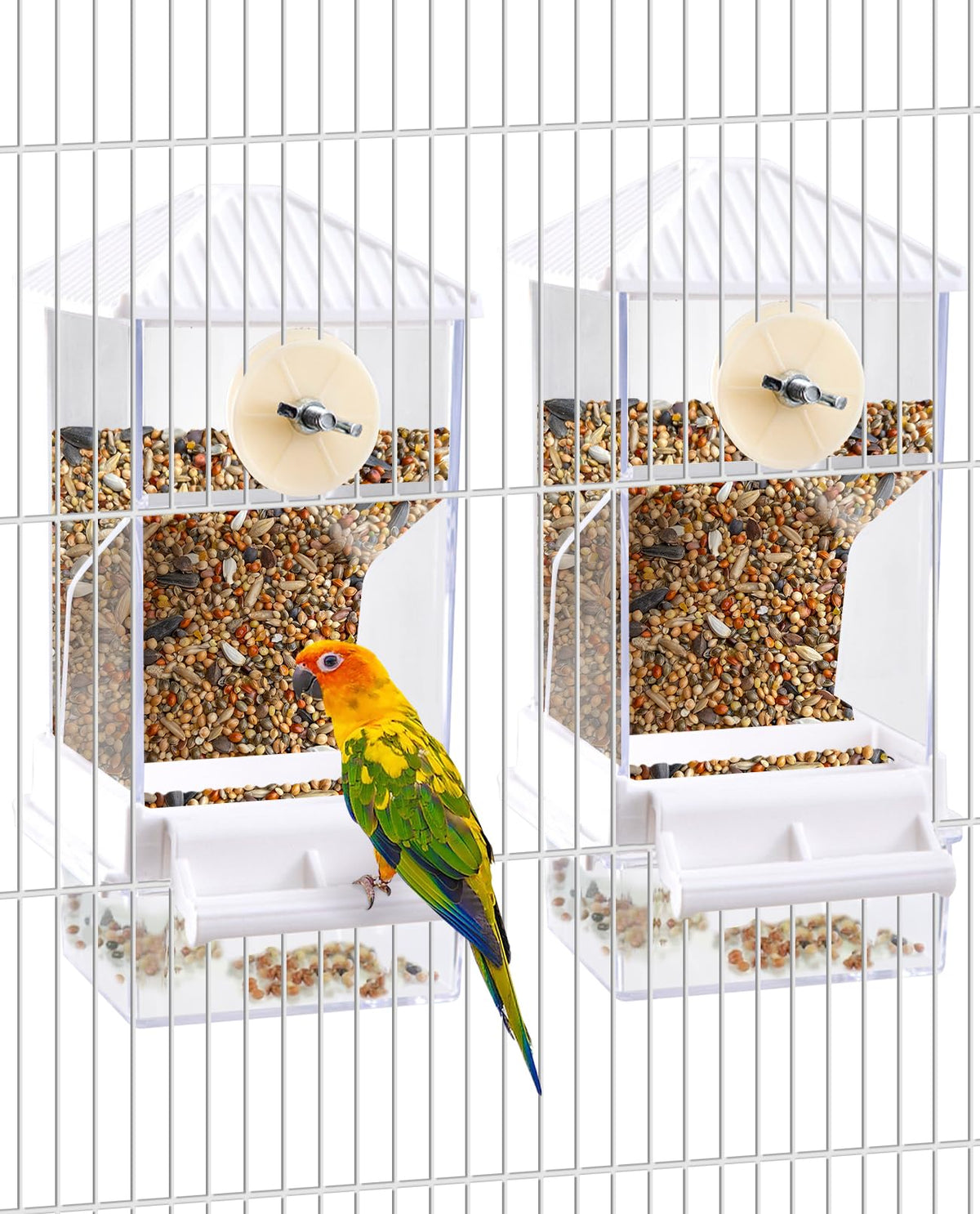 Hamiledyi Automatic Bird Feeder No Mess Bird Cage Feeder Seed Food Container with Perch Transparent Parrot Cage Accessories for Parakeets, Budgies, Cockatoos, Finches, Lovebirds, Canaries (Green)