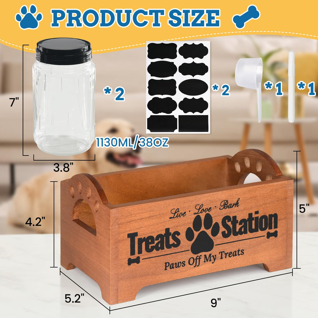 Dog Treat Container Dog Food Container for Dog Food Storage, Farmhouse Cat Food Container Pet Food Storage Organizer, Wood Dog Treat Holder with 2 Plastic Cat Dog Treat Jars, Brown Cat Treat Container