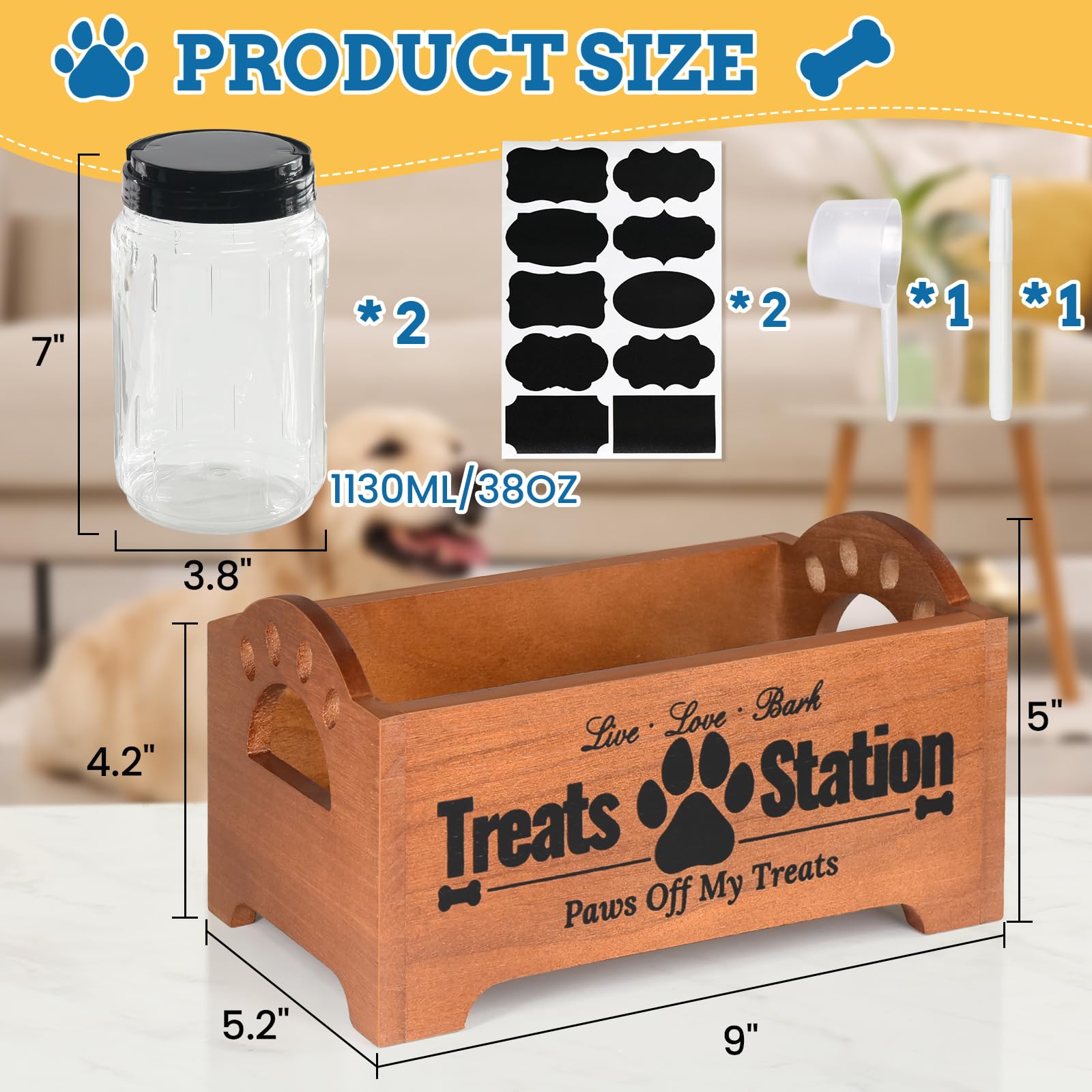 Dog Treat Container Dog Food Container for Dog Food Storage, Farmhouse Cat Food Container Pet Food Storage Organizer, Wood Dog Treat Holder with 2 Plastic Cat Dog Treat Jars, Brown Cat Treat Container