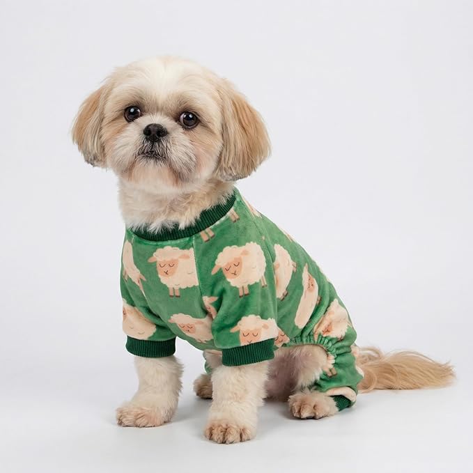 Fitwarm Funny Sheep Dog Pajamas, Warm Winter Dog Clothes for Small Dogs Boy Girl, Cozy Pet Onesie with Feet, Green, White, XL