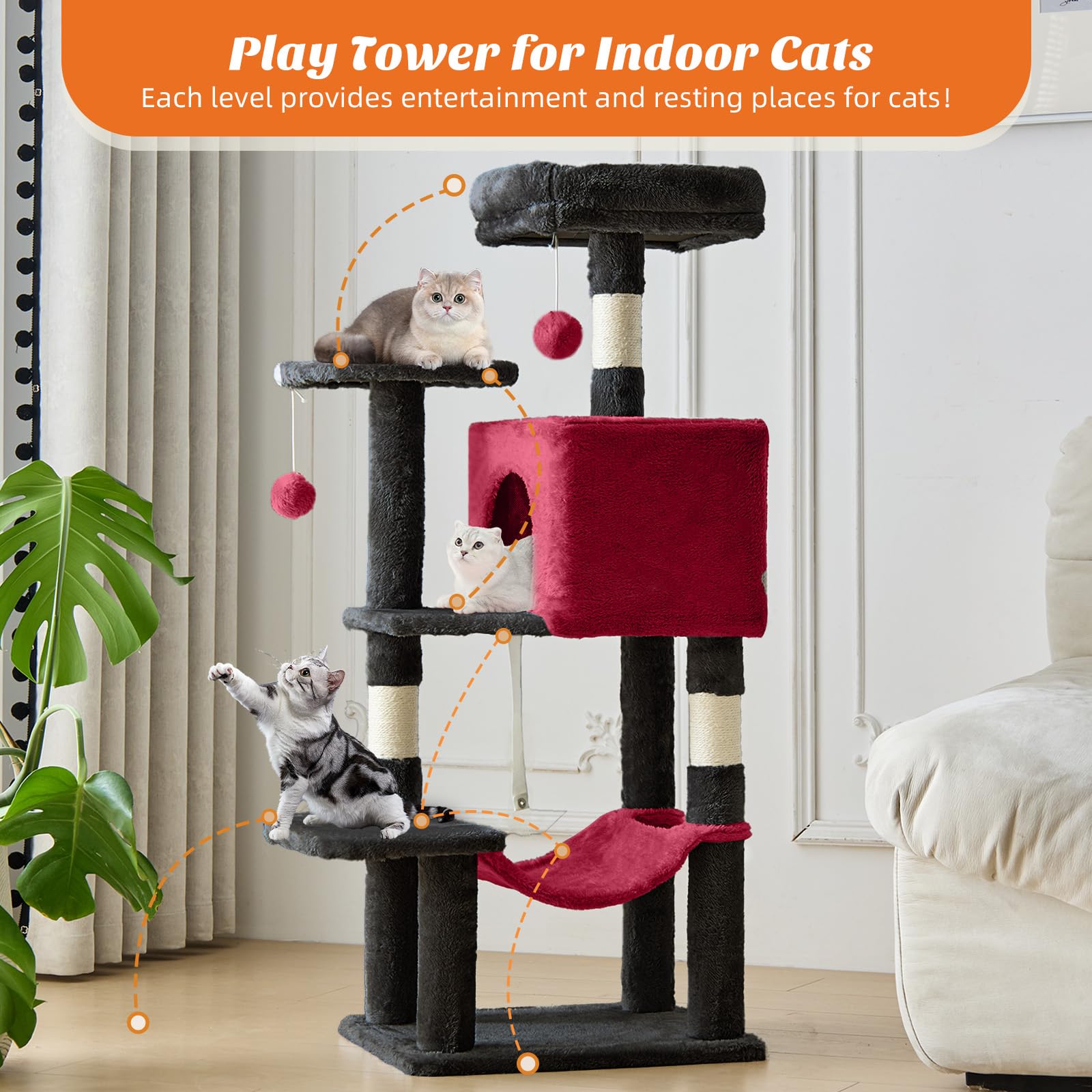 DUMOS 44 Inch Cat Tree Tower with Natural Sisal Scratching Posts