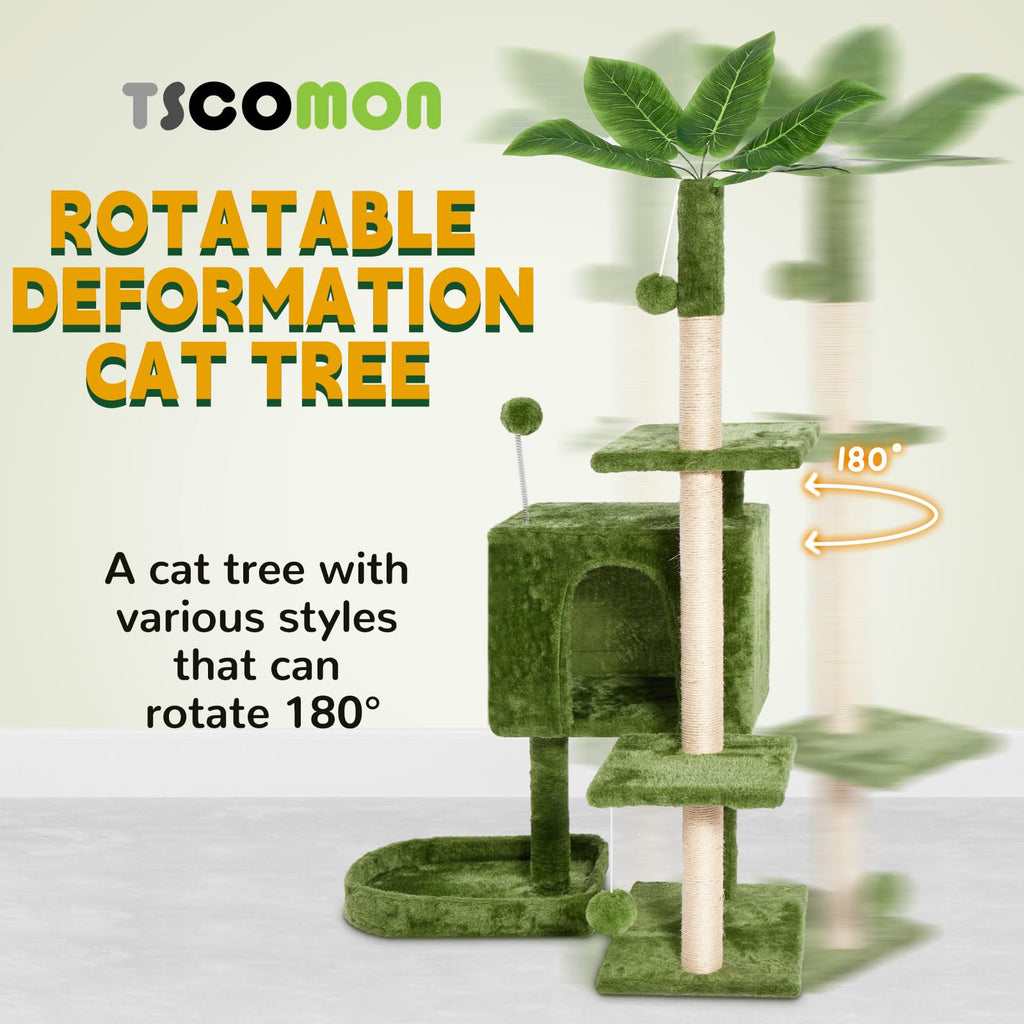 TSCOMON 52in Multi-Level Cat Tower with Sisal Scratching Posts, Hidden Cave & Perch Platform, Large Cat Condo for 1-3 Cats, Eco-Friendly Pet Furniture with Realistic Leaves, Green