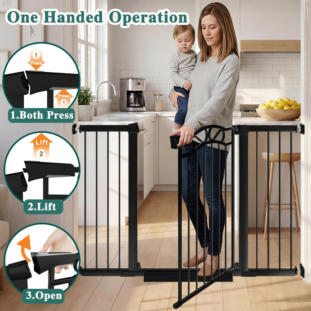 Fairy Baby 29.53"-32.28" Wide Baby Gate with Door, Walk Through Baby Gates for Stairs Pressure Mounted no Drill, Indoor Tension Metal Pet Dog Gate, Auto Close Child Safety Gate, Black