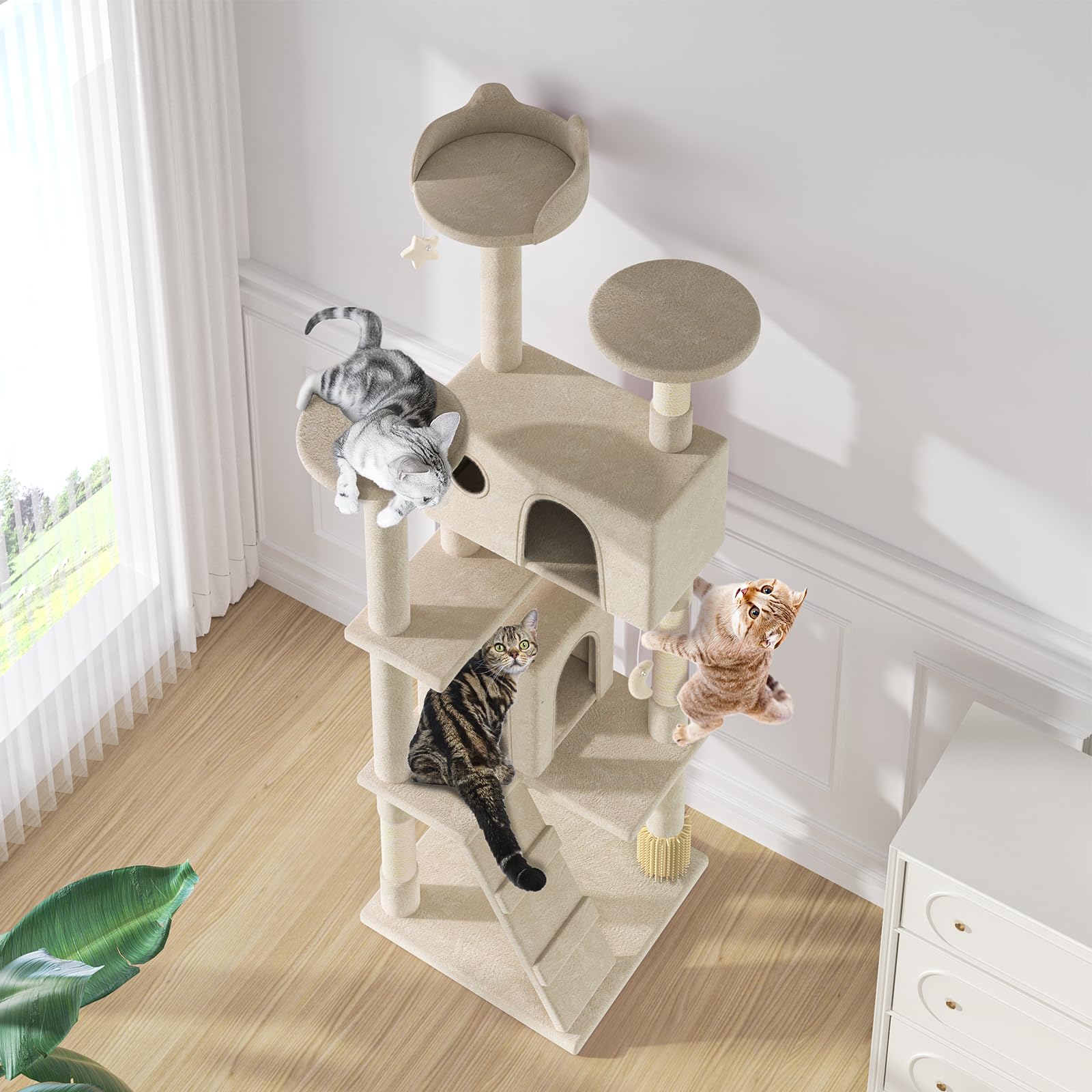 MoNiBloom 77 Inch Cat Tree Tower for Indoor Cats Large Adults, Tall Cat Tower with Scratching Post, Multi-Level Furniture Activity Center with Cat Condo Pet Play House, Beige