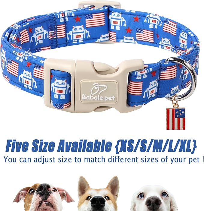 Babole Pet 4th of July Dog Collar, Robot Star-Spangled Patriotic Dog Collars for Giant Large Dogs, Adjustable Lightweight Quick-Release Buckle Collar for Boy&Girl Dogs XL