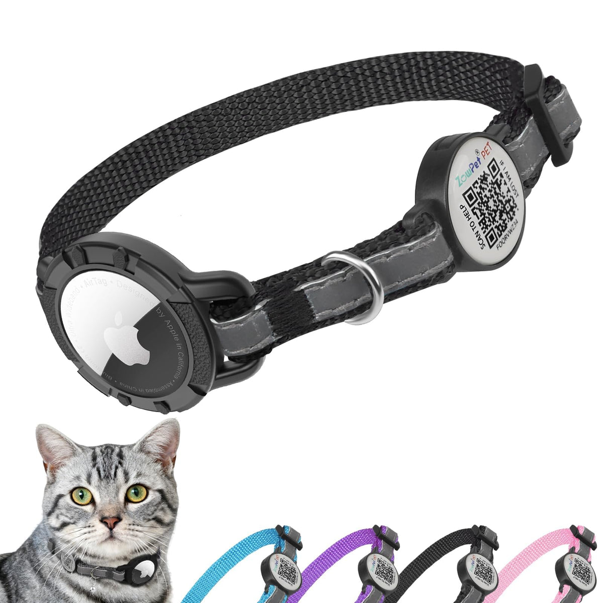 Airtag Cat Collar Breakaway with QR Code Name Tag, Reflective cat Collar airtag Holder with Bell, Cat ID Tag Personalized, Ultra-Durable, Adjustable, Quick Release, Fits Small Large Cats, Blue
