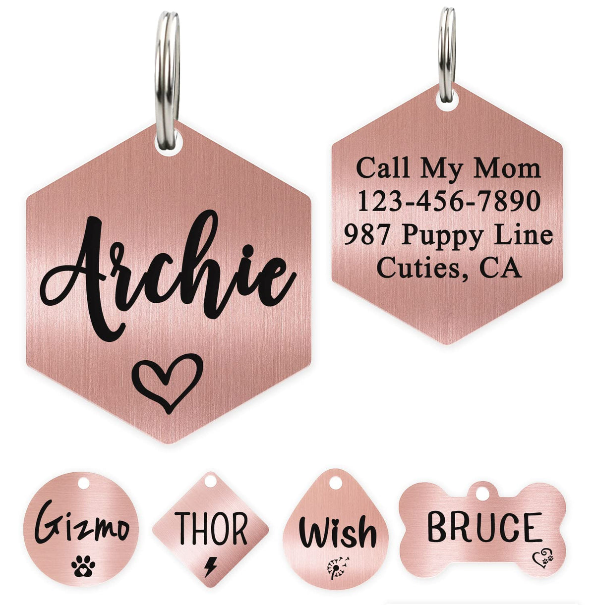 Ultra Joys Custom Personalized Pet ID Tag - Brushed Stainless Steel Heart in Rose Gold, Large