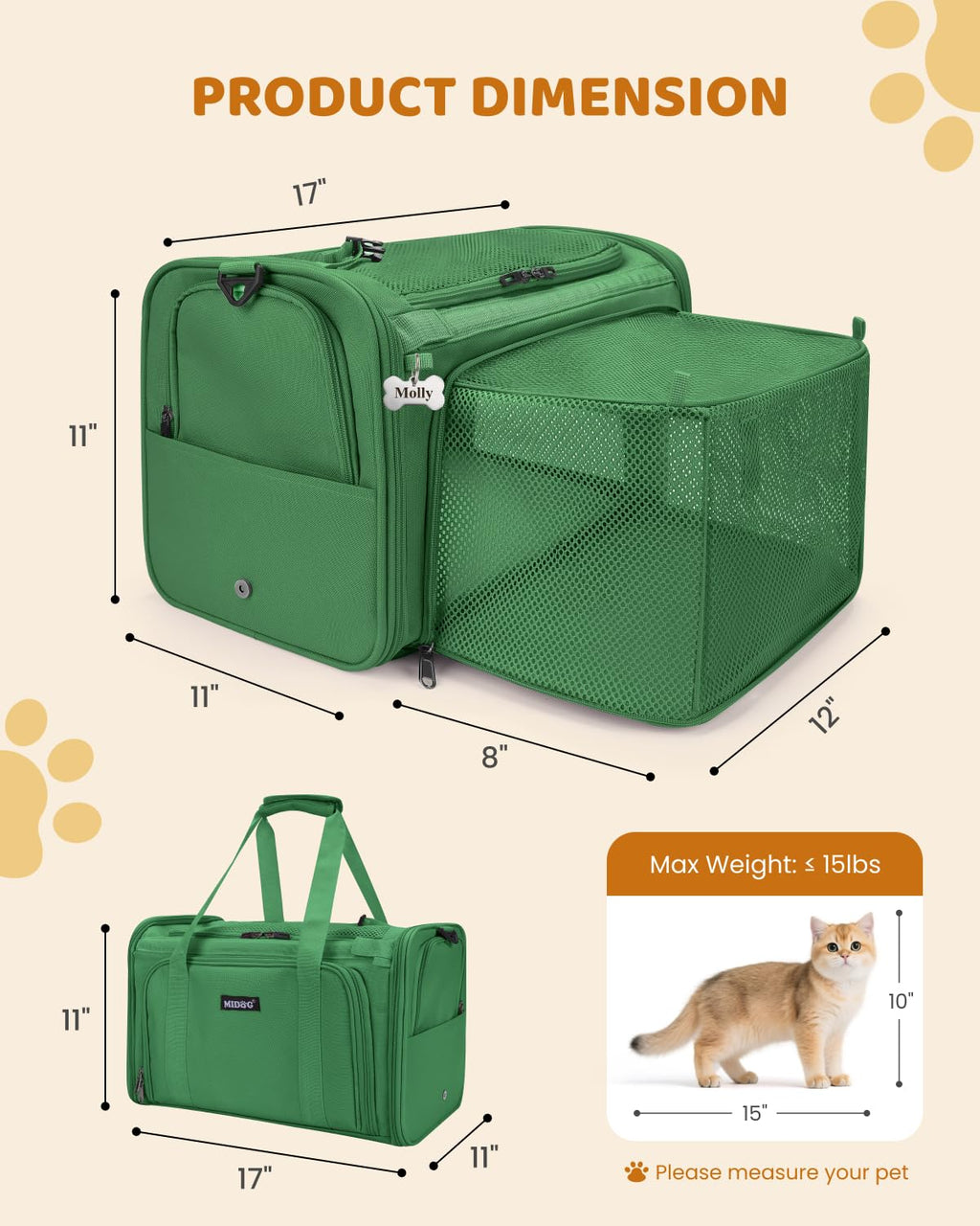 MIDOG Cat Carrier Soft for Small-Medium Cats Up to 15lbs, Airline Approved