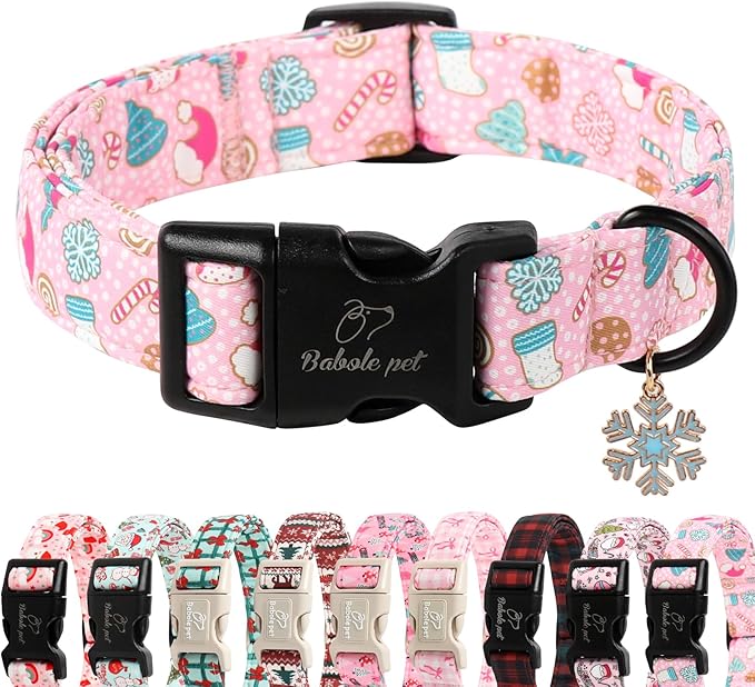 Babole Pet Christmas Dog Collar for Medium Dogs - Cute Snowflake Print Pink Christmas Collars for Dogs, Soft Adjustable Winter Holiday Dog Collars with Quick Release Buckle M
