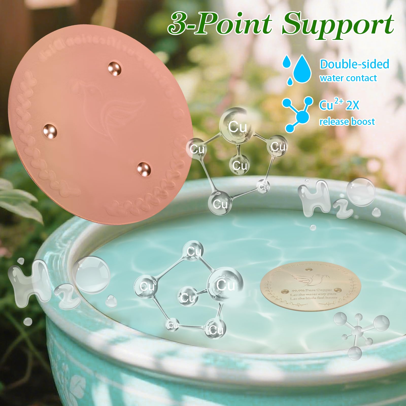 SONSIL Bird Bath Copper Disk, Sturdy 1mm 99.9% Pure Copper Disk, Triple-Point Support Ensures Clean Water Year-Round, Fits Most Outdoor Birdbath Bowls (1)