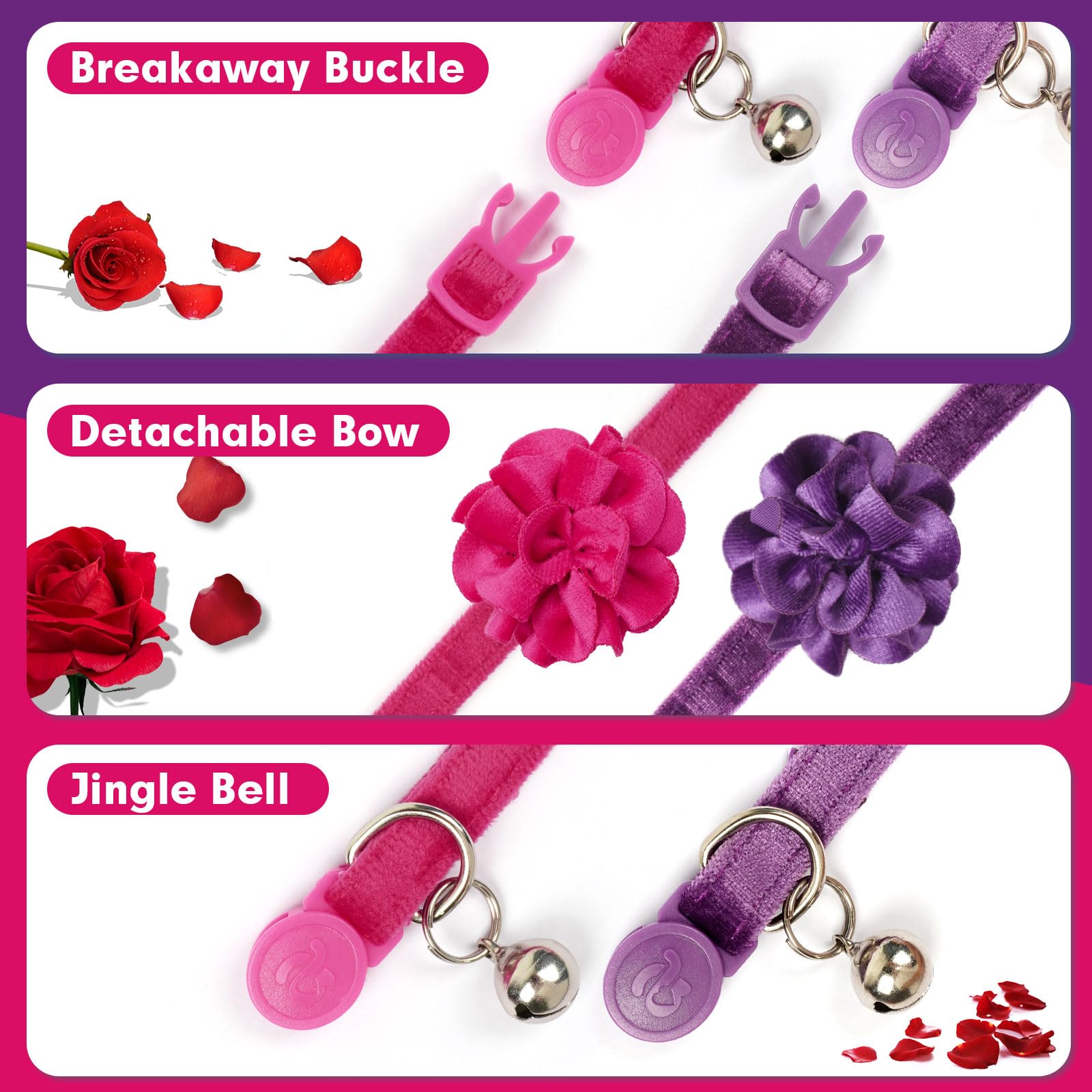 azuza 2 Pack Breakaway Cat Collars with Bells, Velvet Floral Cat Collar