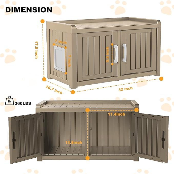 KFY Cat Litter Box Enclosure Resin Hidden Cat Litter Box Furniture Multi-Functional Double Door Spacious Odorless Waterproof UV-Resistant Indoor Outdoor Use Grey
