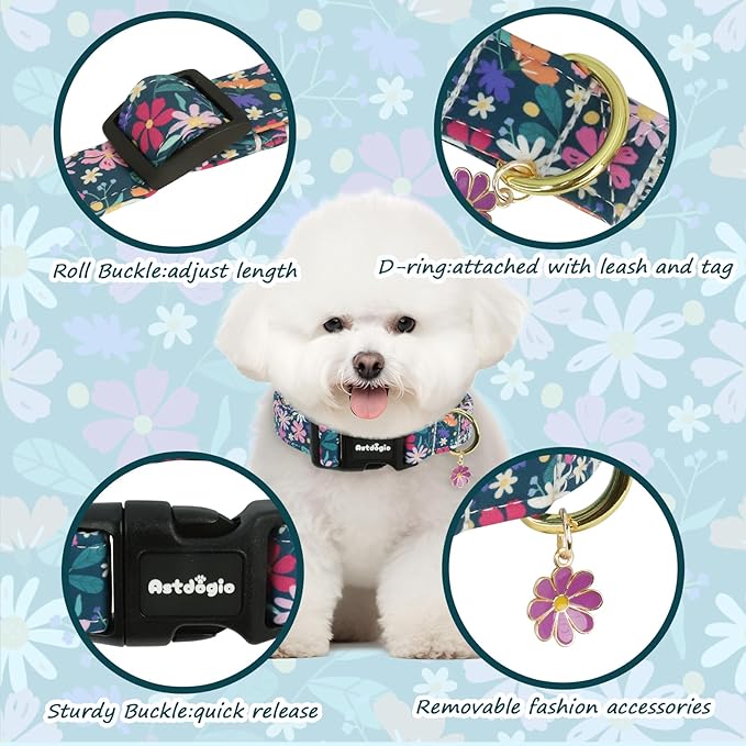 Astdogio Dog Collar for Small Dogs, Spring Dark Green Dog Collars with Flowers Pattern, Adjustable Cotton Dog Collars, Cute Girl or Boy Dog Collar Ideal for Gifts,Pet Accessory