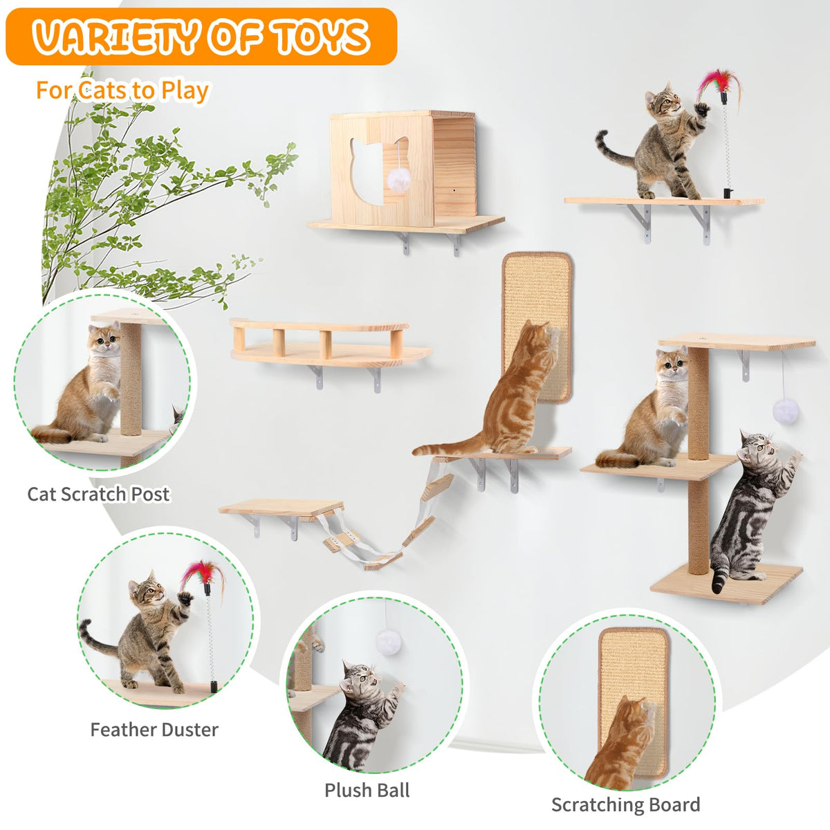 Coolsheepsia Cat Wall Shelves, Solid Wooden Wall-Mounted Cat Furniture