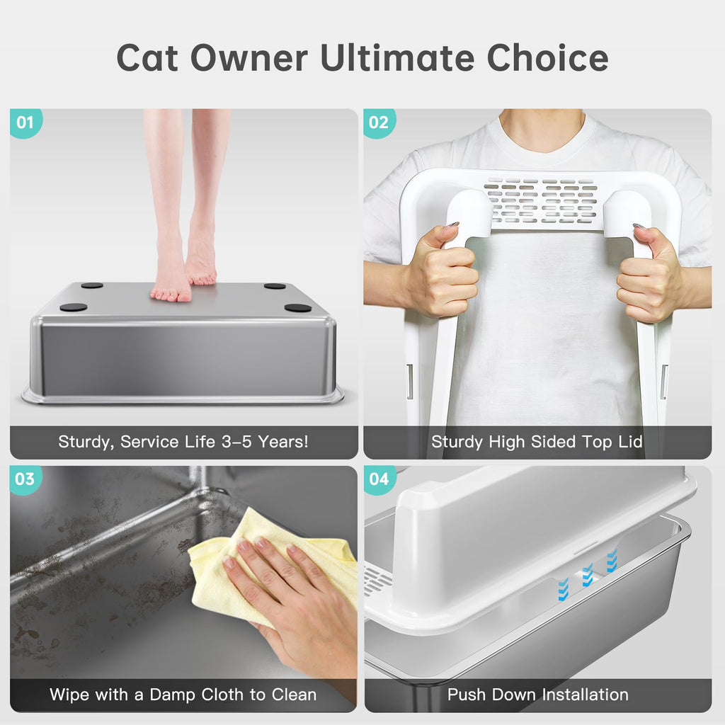 Stainless Steel Cat Litter Box, XL High Sided Open Top Pan with Scoop