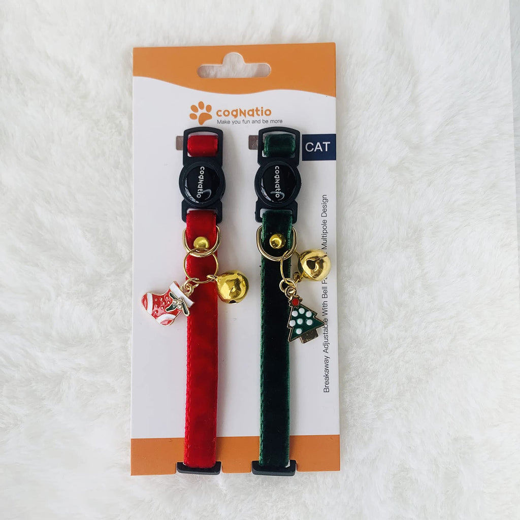 Cognatio Safety Quick Release Cat Collars,Double Velvet with Bell Available in a Range Colors,Perfect for Your Kitty, Adjustable 20-30 cm (20-30cm, Christmas Set)