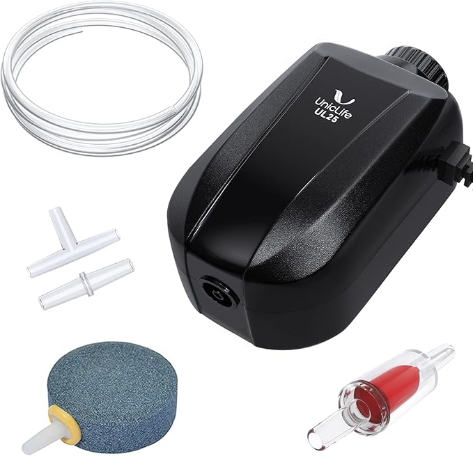 Uniclife 64 GPH Aquarium Air Pump with Dual Outlets Adjustable Quiet Fish Tank Air Pump with Air Stone Airline Tubing Check Valve and Connector Accessories for 10-100 Gallon Fish Tank