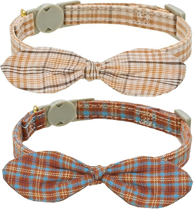 YUDOTE Bunny Ear Christmas Bowtie Cat Collar with Bell 2 Pack Cotton Breakaway Snowflakes Holiday Kitten Collars(Red+Green)