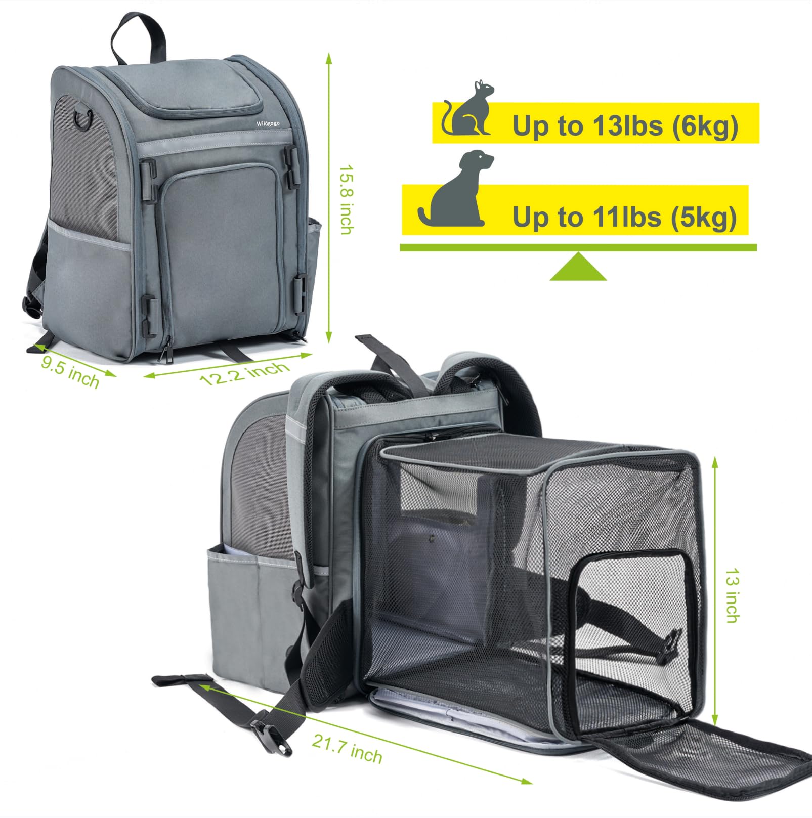 Wildgogo Expandable Pet Carrier, Airline-Approved Foldable and Detachable Backpack, Fits 13lbs Cat&11lbs Small Puppy Dog, for Car Travel,Camping and Emergency Transportation and Shelter (Grey)