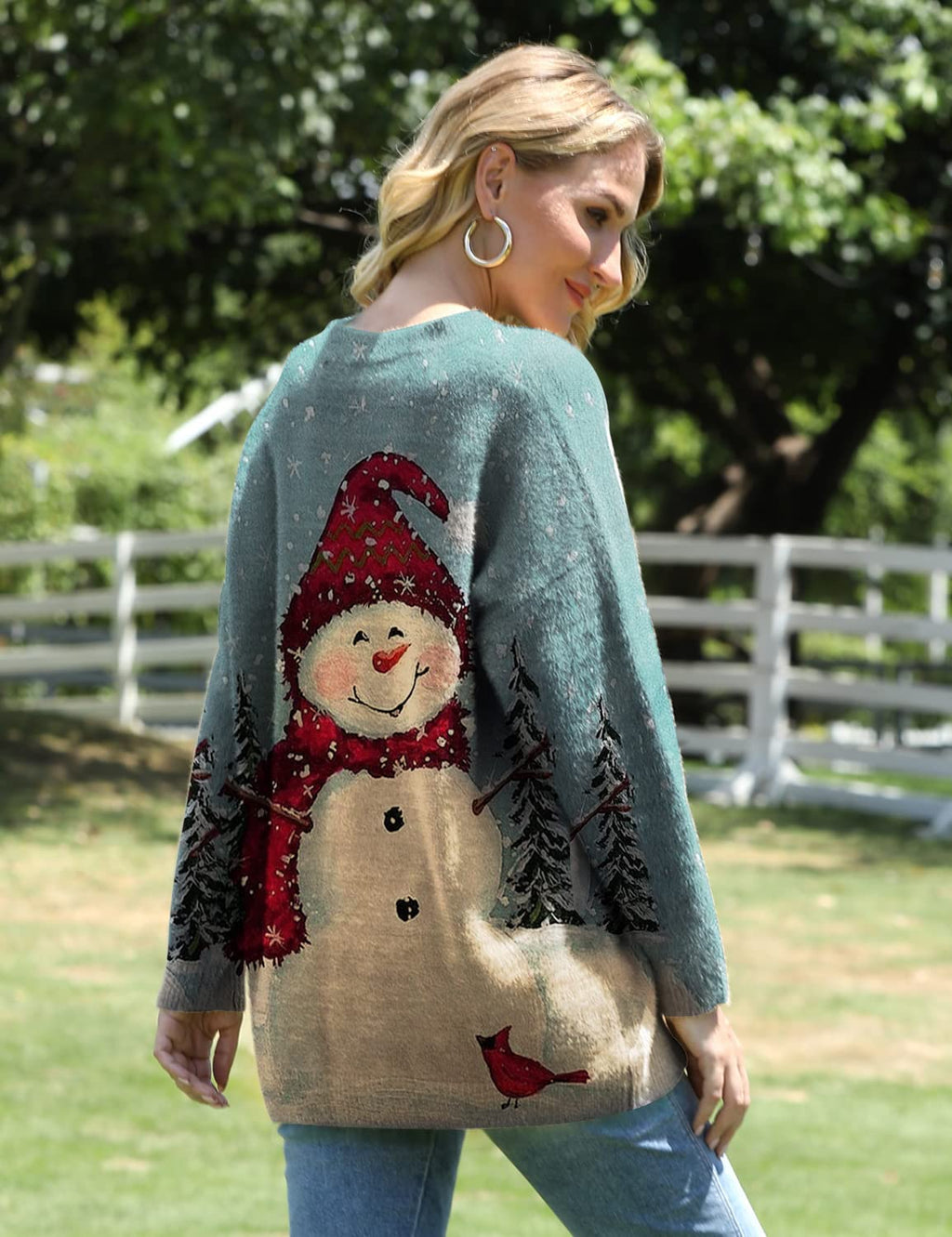 YESNO Women Christmas Sweater Graphic Printed Oversized Pullover Sweaters Casual Loose Knit Tops L S01 CR121
