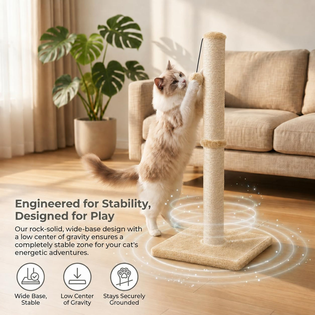 Dimaka 29" Height Tall Cat Scratching Post, Claw Scratcher with Sisal Rope and Covered with Soft Smooth Plush, Vertical Scratch [Full Strectch] for Standard Size Cats (Light Brown, 29 inches)