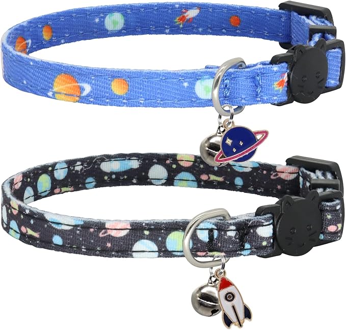 Cat Collar Breakaway, 2 Pack Cotton Kitten Collars with Bells and Removable Charms, Cute Planet Shaped for Indoor Boy, Girl and Adult Cats