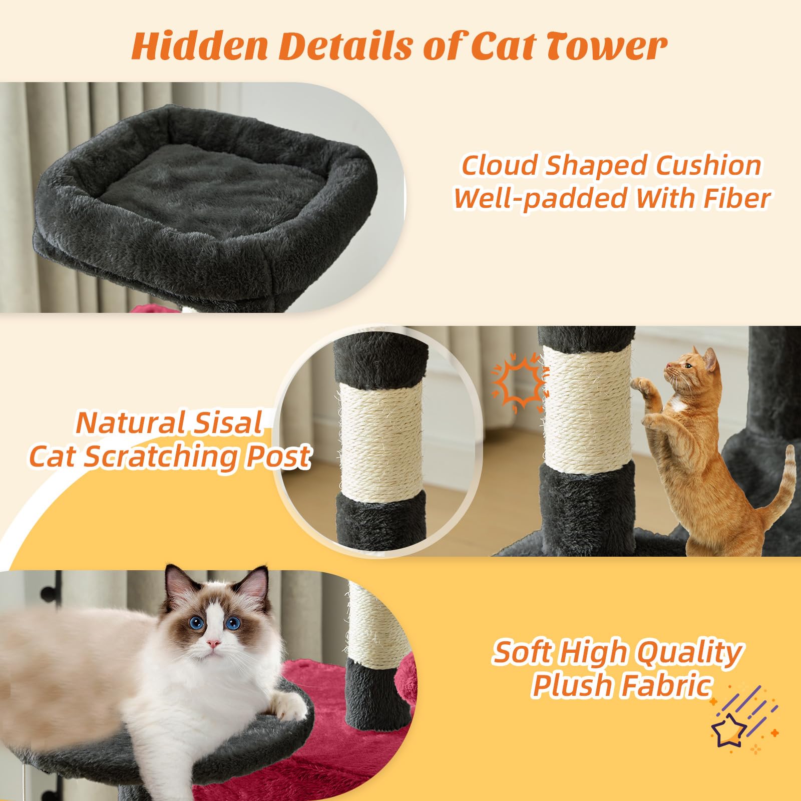 DUMOS 44 Inch Cat Tree Tower with Natural Sisal Scratching Posts