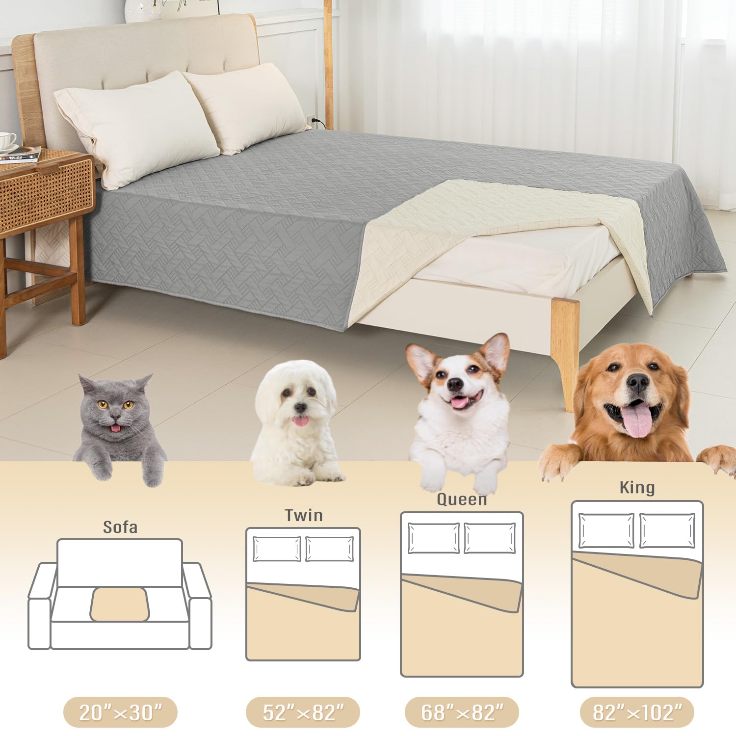 BOCTOPUG Dog Bed Cover for Pets Blankets Rug Pads for Couch Protection Waterproof Bed Covers Dog Blanket Furniture Protector Reusable Changing Pad (Light Grey+Ivory, 82"x82")