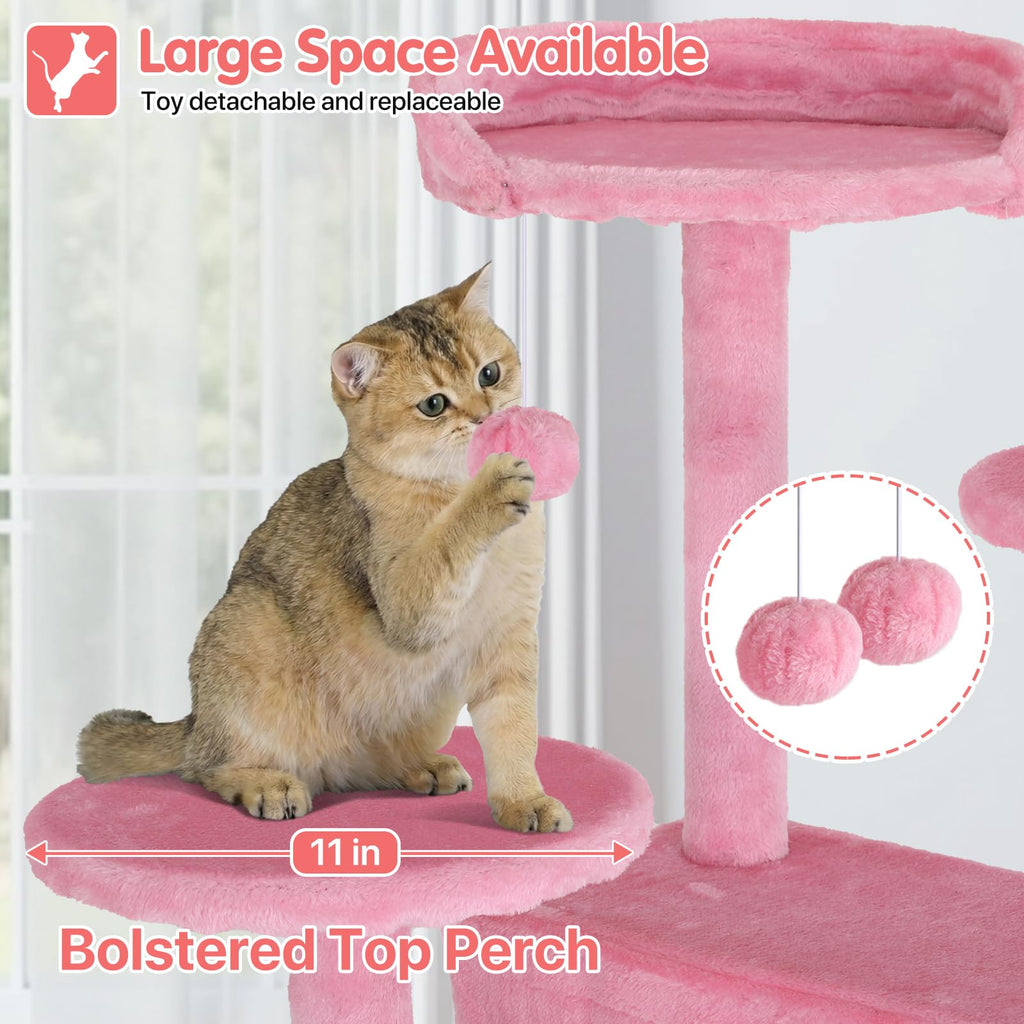 70in Cat Tree Cat Climbing Tower with Scratching Post, Cats House Perch Kitten Tree Condo Wood Playhouse, Pet Trees Tower for Indoor Cats, Pink