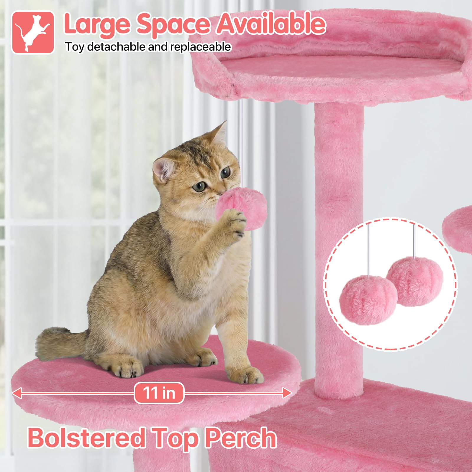 70in Cat Tree Cat Climbing Tower with Scratching Post, Cats House Perch Kitten Tree Condo Wood Playhouse, Pet Trees Tower for Indoor Cats, Pink
