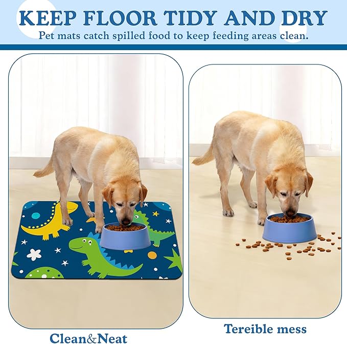 Cartoon Dino Pet Feeding Mat–Quick Dry Absorbent Dog Cat Food Mat, Non Slip Waterproof Bowl Placemat for Messy Eaters, Pet Accessories for Floors 16"x24"