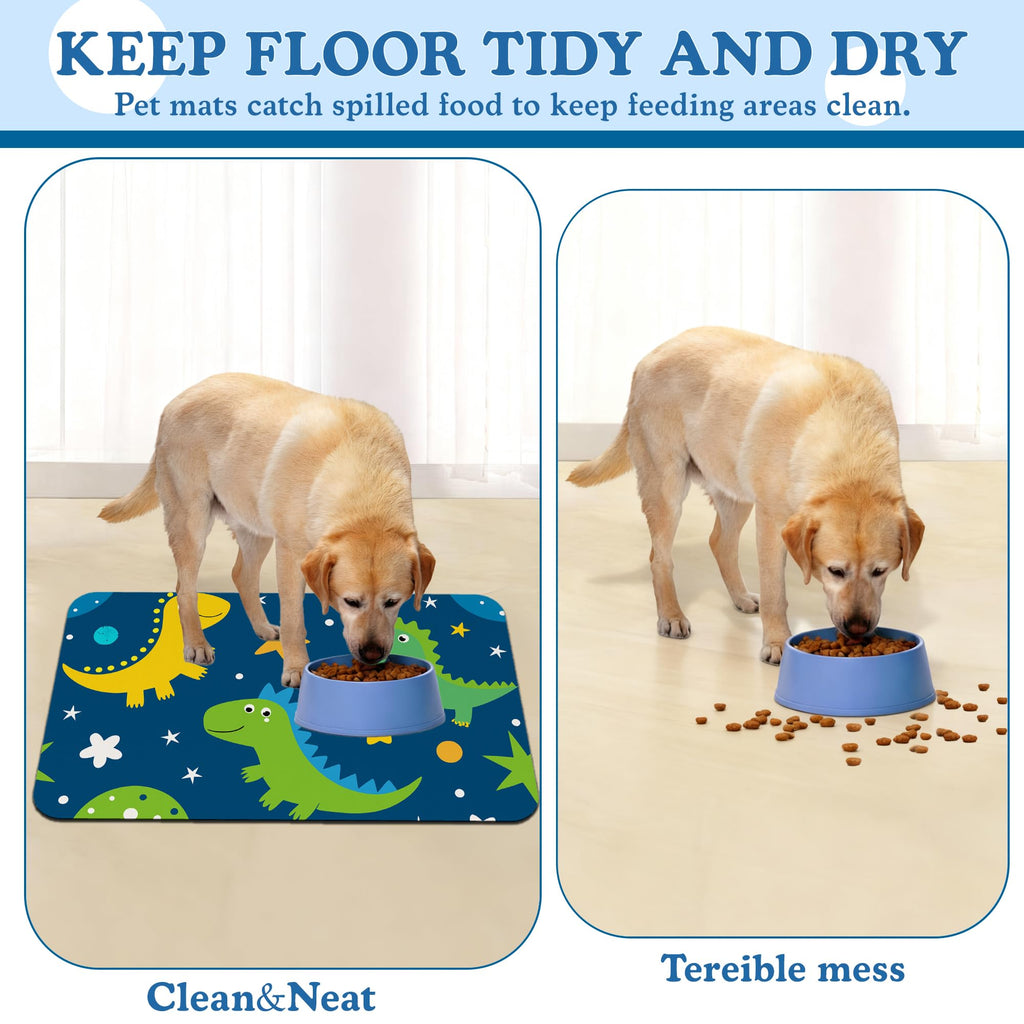 Cartoon Dino Pet Feeding Mat–Quick Dry Absorbent Dog Cat Food Mat, Non Slip Waterproof Bowl Placemat for Messy Eaters, Pet Accessories for Floors 12"x20"