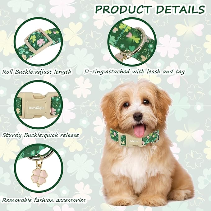 St. Patrick's Day Dog Collar,Green Clover Lucky Shamrock Puppy Collar,Adjustable Spring Cotton Collars Gifts for Small Medium Large Dogs,Dog Accessories M