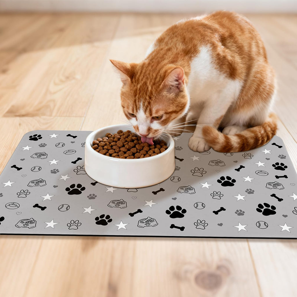 Dog Food Mat for Pet Cat Food Mat, Gray Absorbent Quick Dry Dog Bowl Mats for Food and Water, Non-Slip Cat Pet Feeding Mats for Floor Placemats 12"x20"