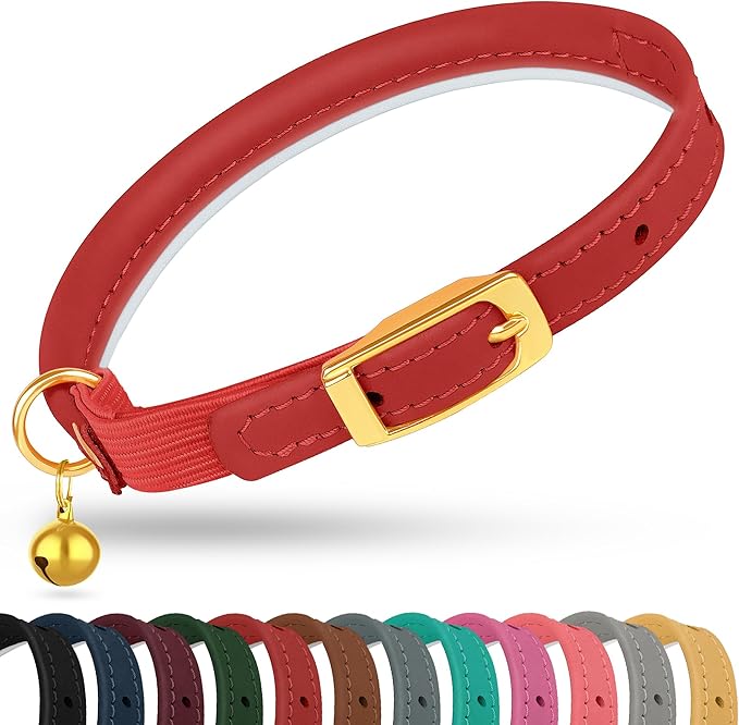 OOPSDOGGY Rolled Leather Cat Collar with Bell - Reflective Kitten Collar with Safety Elastic Strap - Adjustable Small Pet Collars for Boy Girl Cats (Burgundy)