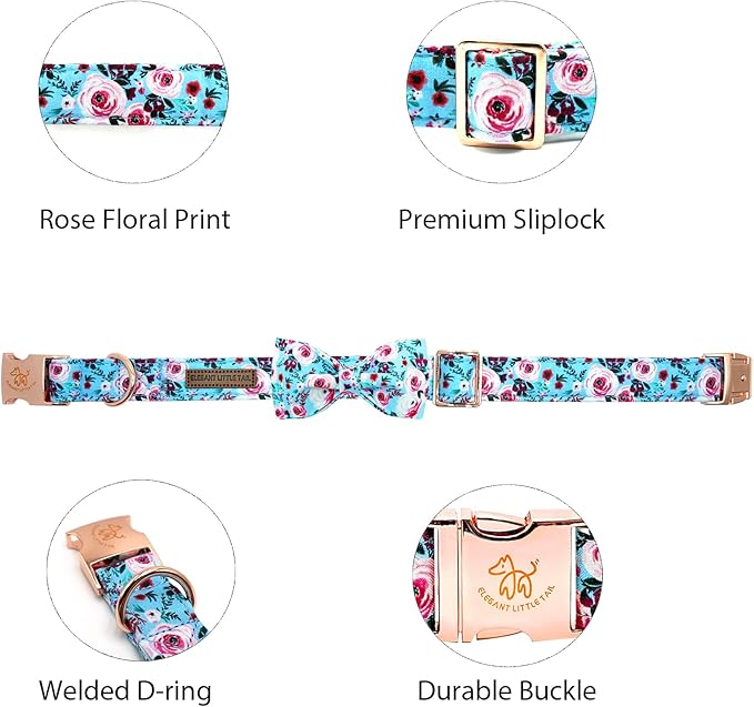 Elegant little tail Dog Collar, Rose Print Pet Collar Summer Dog Collar Durable Metal Buckle Dog Collars Cotton Pet Adjustable Dog Collars for X-Large Dogs, A: Blue Flower