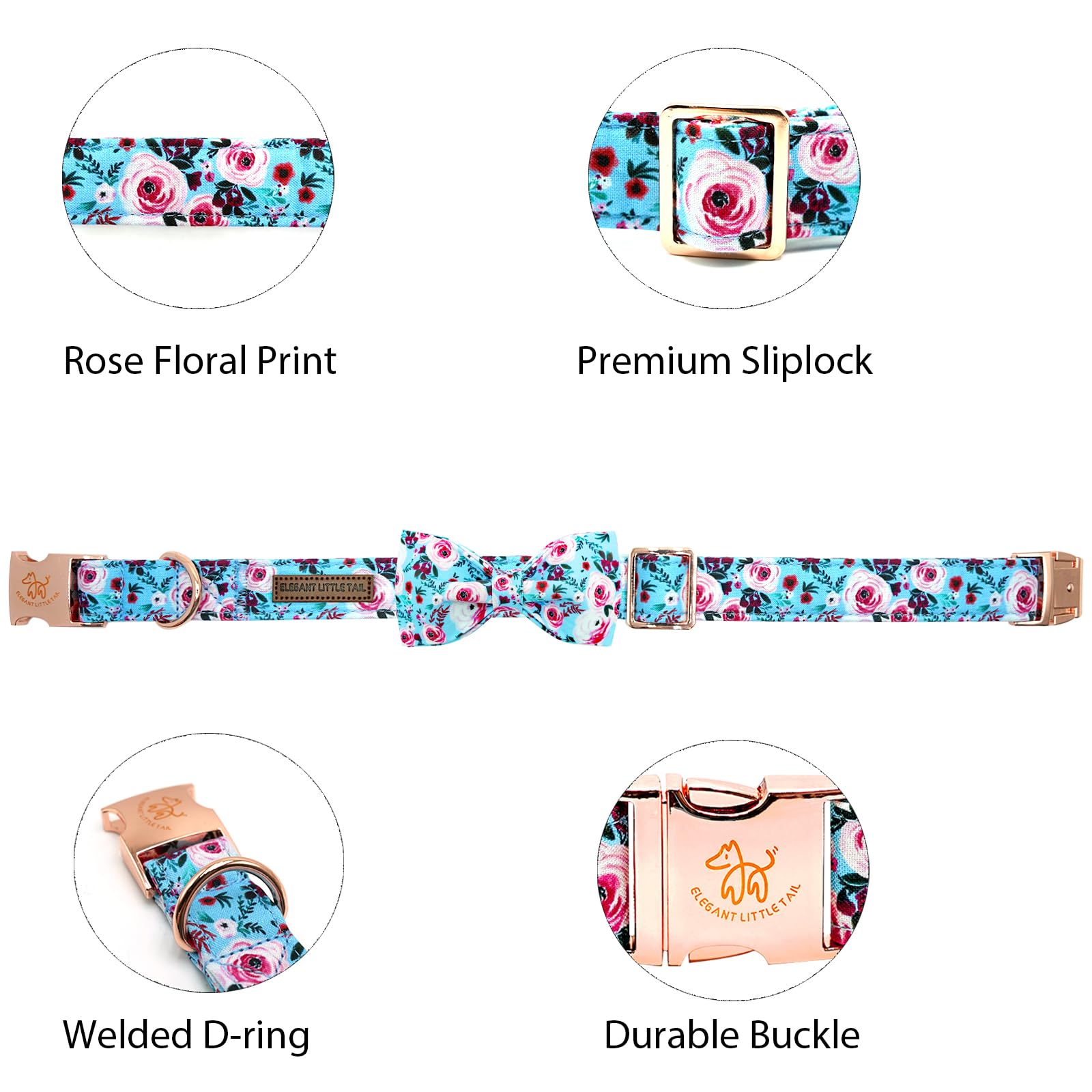 Elegant little tail Dog Collar, Rose Print Pet Collar Summer Dog Collar Durable Metal Buckle Dog Collars Cotton Pet Adjustable Dog Collars for Medium Dogs