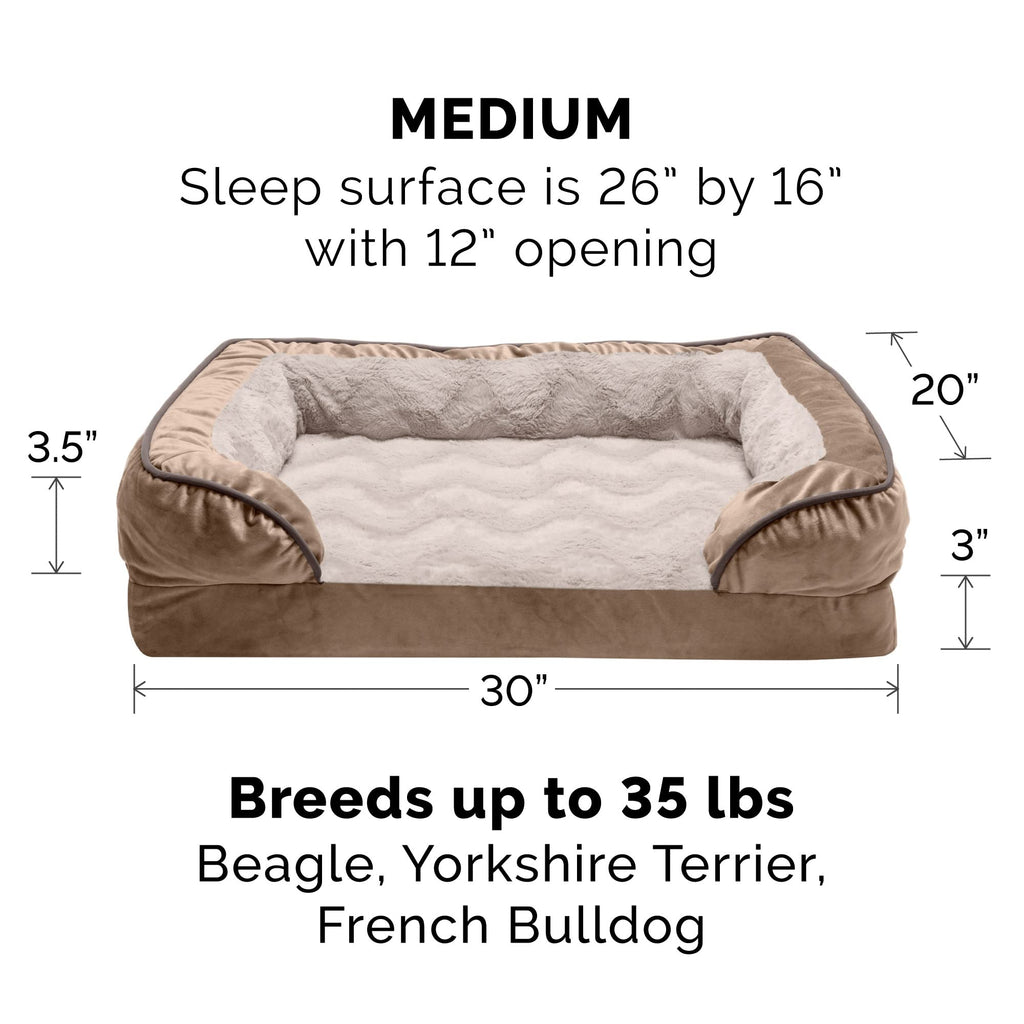 Furhaven Memory Foam Dog Bed for Medium/Small Dogs w/ Removable Bolsters & Washable Cover, For Dogs Up to 35 lbs - Plush & Velvet Waves Perfect Comfort Sofa - Brownstone, Medium