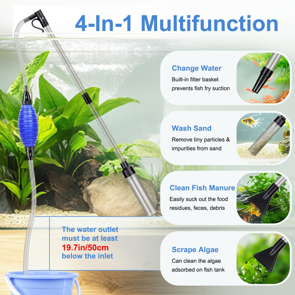 fishkeeper 4-in-1 Aquarium Siphon Gravel Cleaner, Quick & Strong Suction