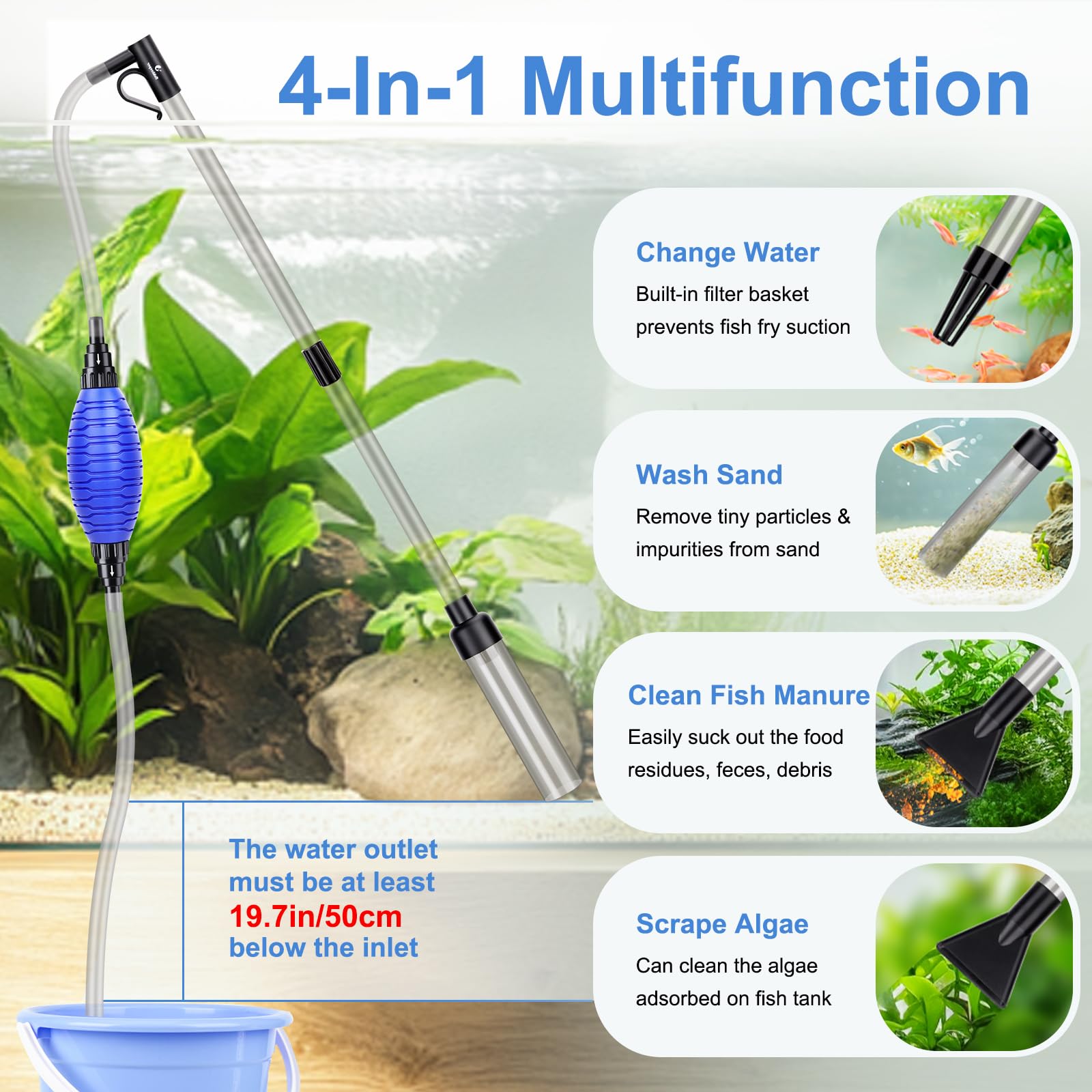 fishkeeper 4-in-1 Aquarium Siphon Gravel Cleaner, Quick & Strong Suction