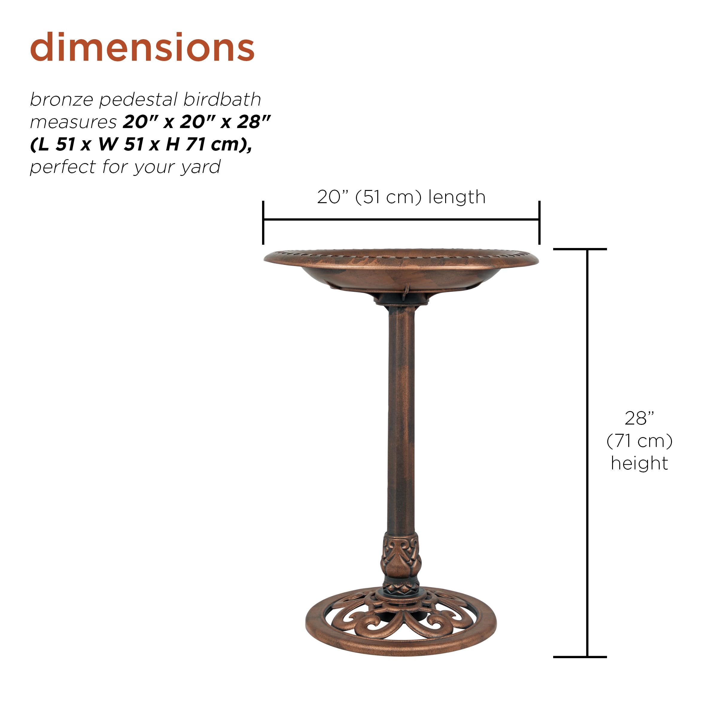Alpine Corporation | 28" Bronze Outdoor Pedestal Birdbath with Scrollwork Base and Ground Stakes — Elegant Garden Décor, Durable Weather-Resistant Design for Lawn, Patio, or Yard