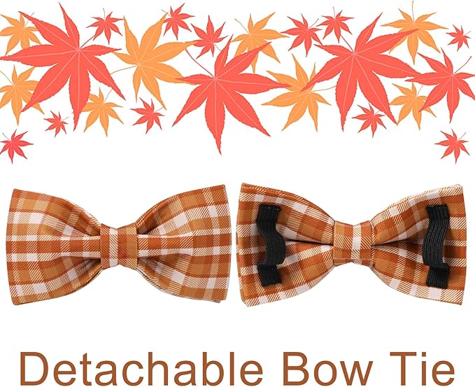 UP URARA PUP Fall Plaid Dog Collar and Bow Tie Set – Brown Orange Checkered Adjustable Collar with Maple Leaf Charm for Small Medium Large Dogs, Soft Cotton Puppy Collar with Quick Release Buckle