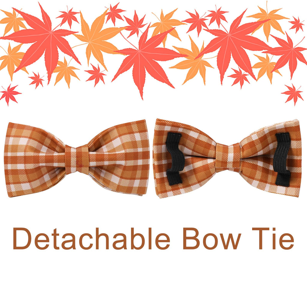 UP URARA PUP Fall Plaid Dog Collar and Bow Tie Set – Brown Orange Checkered Adjustable Collar with Maple Leaf Charm for Small Medium Large Dogs, Soft Cotton Puppy Collar with Quick Release Buckle