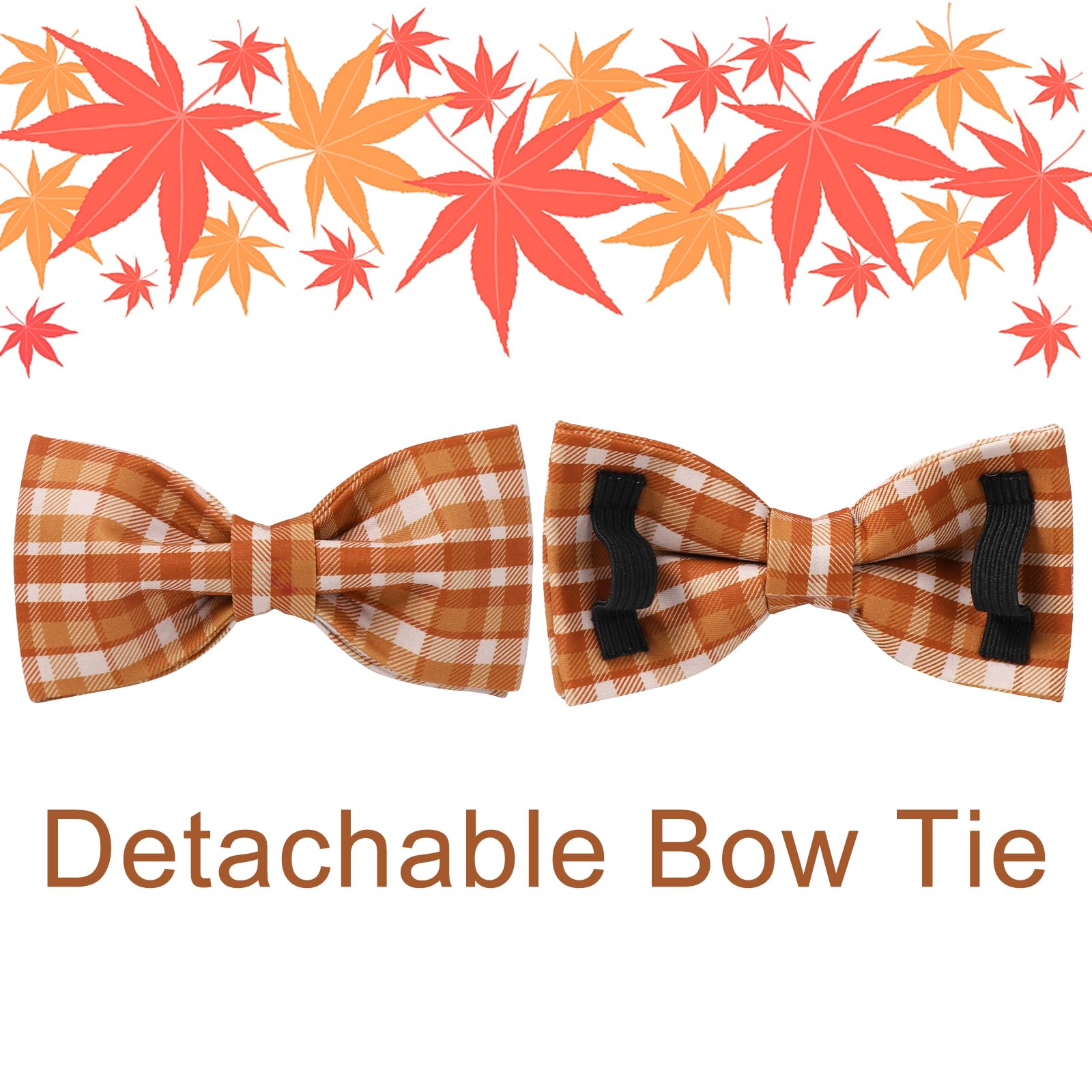 UP URARA PUP Fall Plaid Dog Collar and Bow Tie Set – Brown Orange Checkered Adjustable Collar with Maple Leaf Charm for Small Medium Large Dogs, Soft Cotton Puppy Collar with Quick Release Buckle
